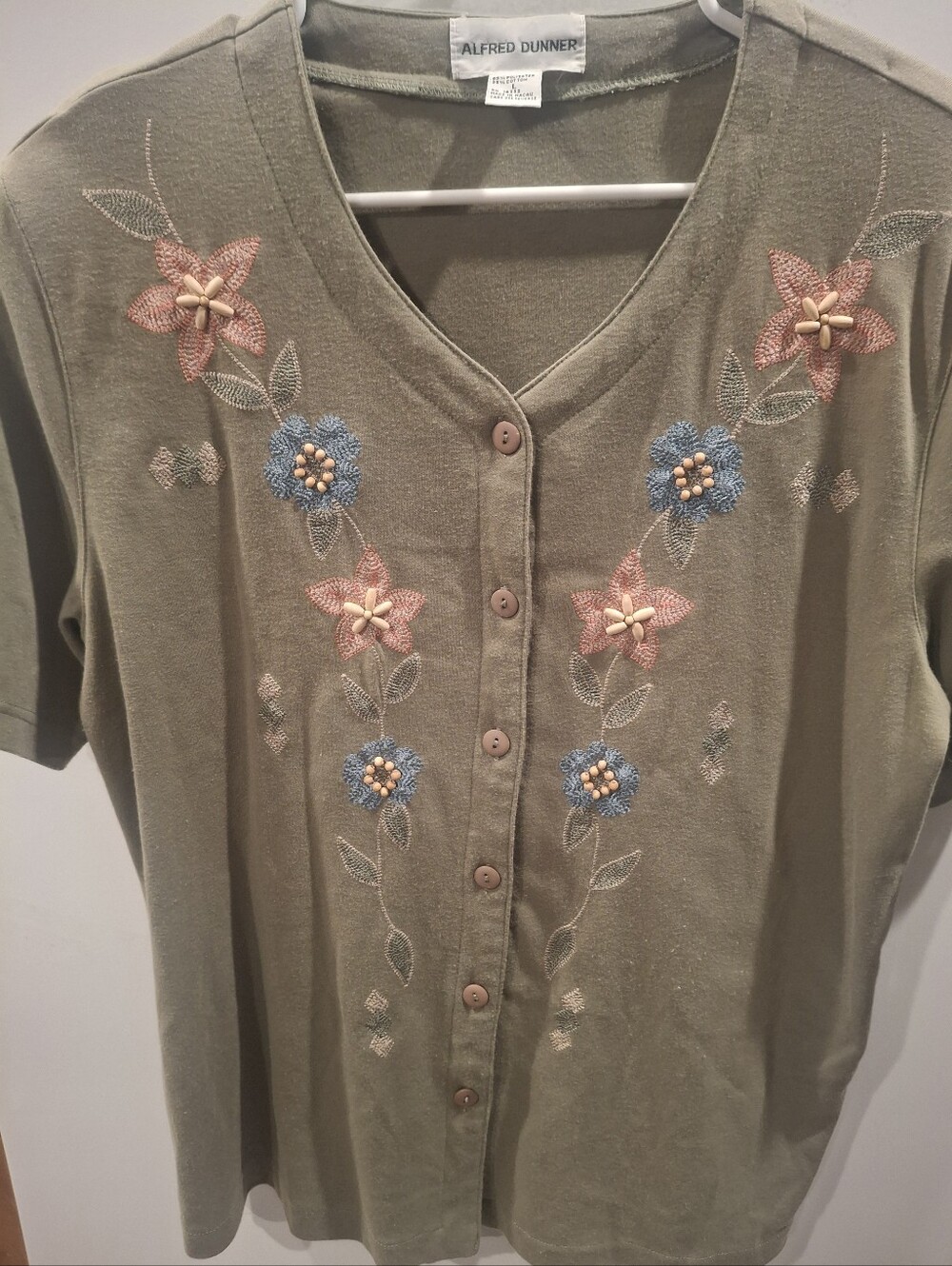 Alfred Dunner Olive Green Button-Front Embroidered Women’s Sweater